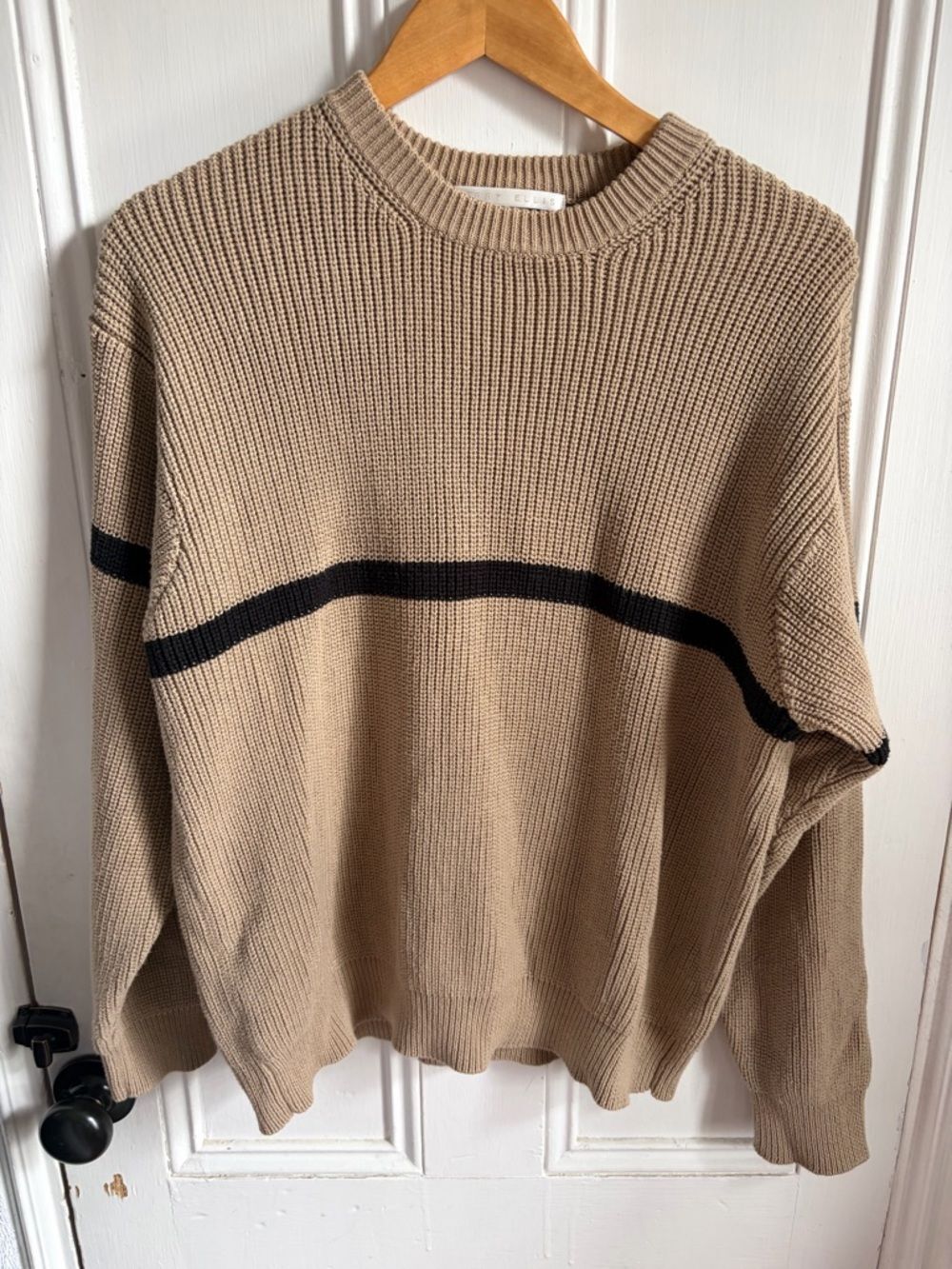 Perry Ellis 100% Cotton Tan Crewneck Sweater Black Stripe Size Medium M